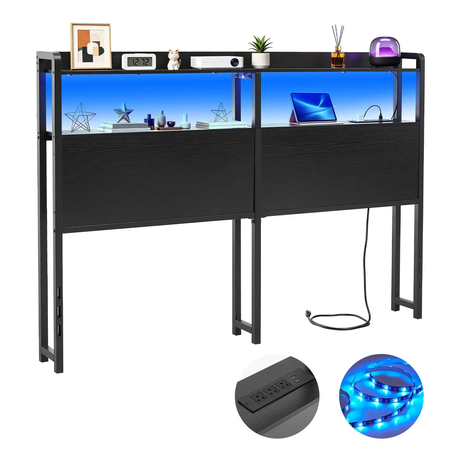 VEVOR Headboard for Queen Size Bed, with 2 Storage Shelves, LED Light, 3 Outlets, and 3 USB Ports, Sturdy and Stable Carbon Steel Frame Head Board with Charging Station, Adjustable Height, Black