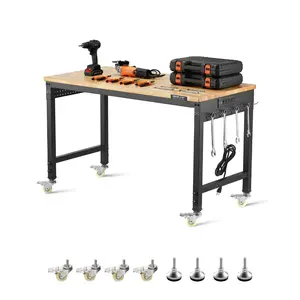 【DealsForYouDays】VEVOR 48-Inch Adjustable Workbench, 2000 lbs Load, Work Bench with Power Outlet, Wheels, and Pegboard, Heavy Duty Oak Wood Top Work Table for Garage, Workshop, Office, and Home