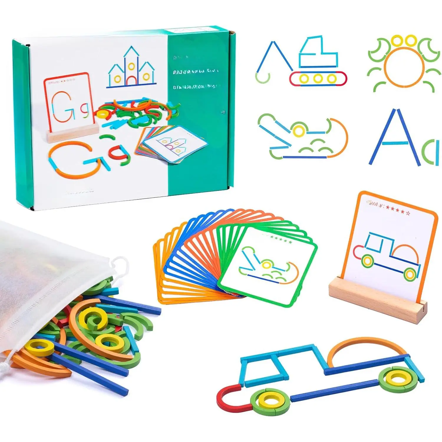 142pcs Wooden Pattern Blocks Montessori Smart Sticks Wooden Tangram Puzzle STEM Toy Activities Preschool Brain Teaser Montessori Toys   3 4 5 Years Old Kids Boys Girls New model gift