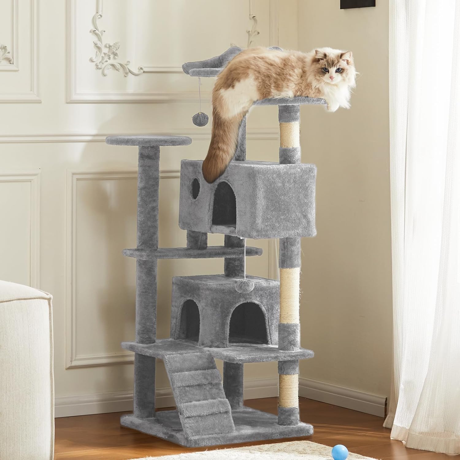 66 Inch Large Cat Tree Tower for Multiple Cats with 2 Condos 3 Perches Hammock Pompoms Extra Wide Platform Indoor Cat Activity Center