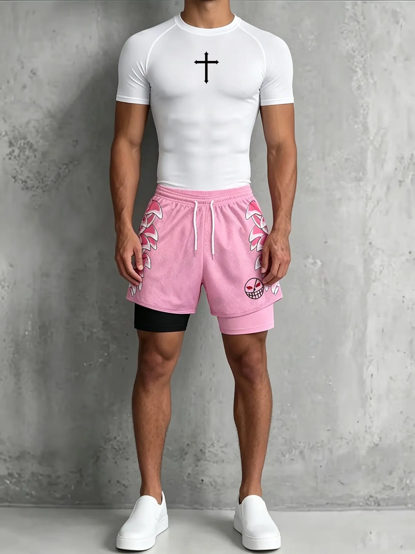Y2K Men's Fitness Workout Set Compression Sleeveless Short Sleeve T Shirt Pink Double Layer Shorts 2 Piece Gothic Cross Print Quick Dry Gym Training Outfit