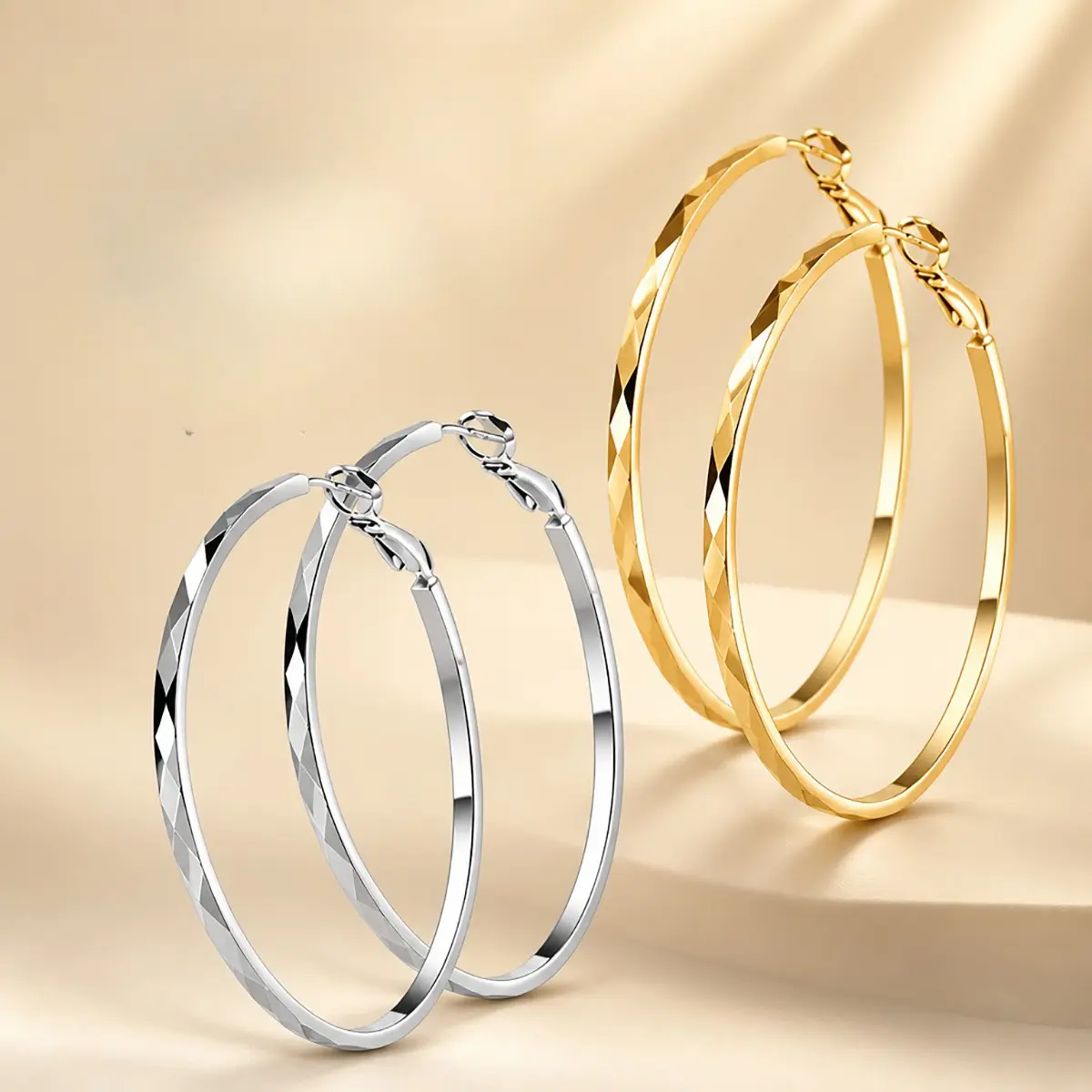 Trendy Women S925 Silver Plated Faceted Diamond Cut Hoop Earring Sets, 3mm Slim Lightweight Large Hoop Design Click Top Secure Latch Back Large Circle Hoops, Gold & Silver Tone Multi-Size 30/40/50/60mm Hypoallergenic Waterproof Bold Statement Oversized Sl