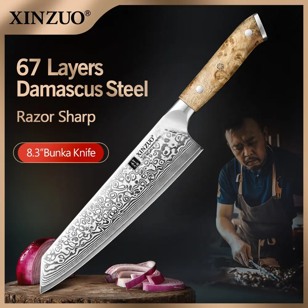 XINZUO High-End  67 Layers Damascus Steel Bunka Knife,Hardness 60±2HRC, Natural Wooden Handle, Handcrafted by Artisans, Multi-Purpose Kitchen Knife