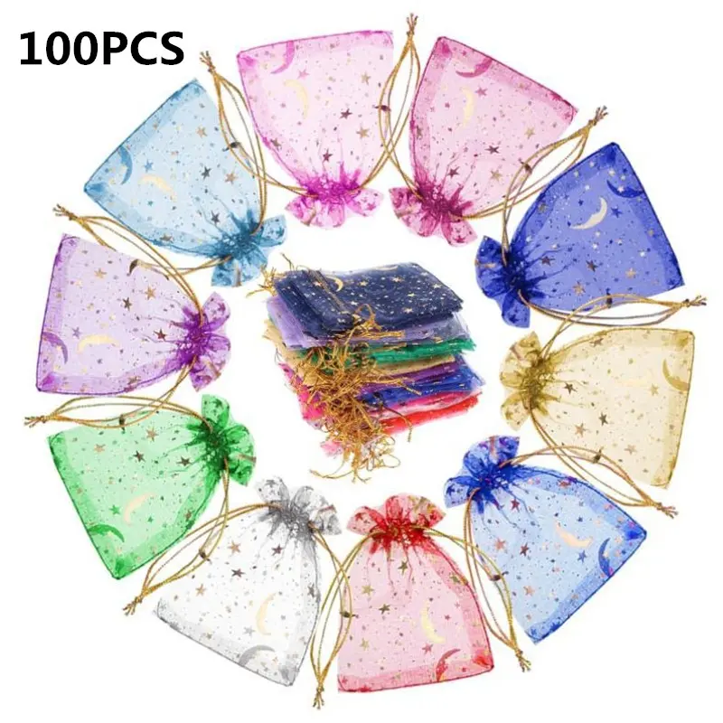 100pcs Moon Star Organza Drawstring Bags, Bright Mixed Colors with Gold Stars, Transparent Jewelry Gift Bags for Weddings, Christmas, Valentine's Day, Cute Packaging, Elegant Packaging