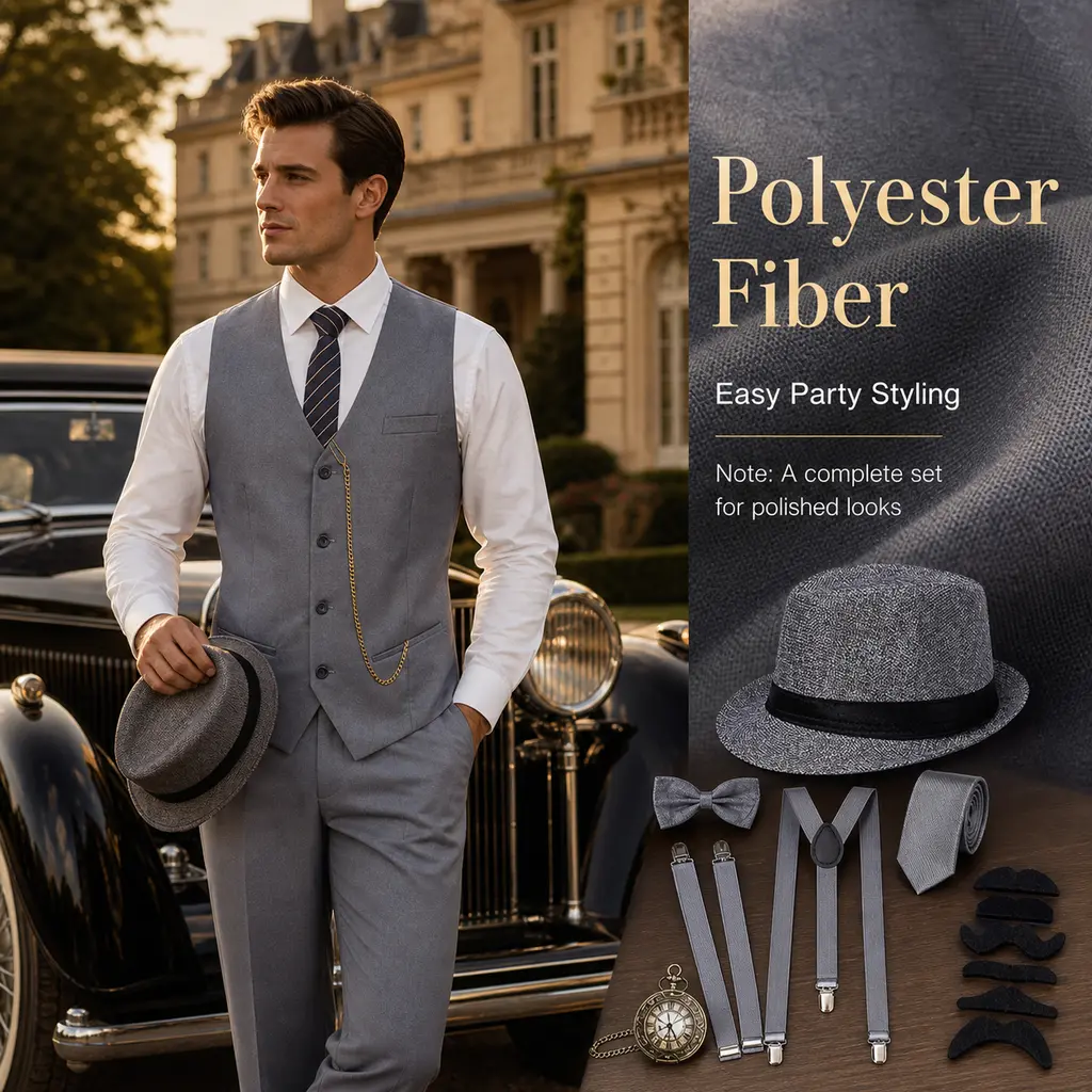 Men's 1920s Vintage Gentleman Costume Accessories Set - Polyester Roaring 20s Gangster Kit with Vest, Hat, Suspenders, Tie, Bow Tie, Pocket Watch, Faux Mustaches for Halloween Cosplay, Gatsby Themed Event