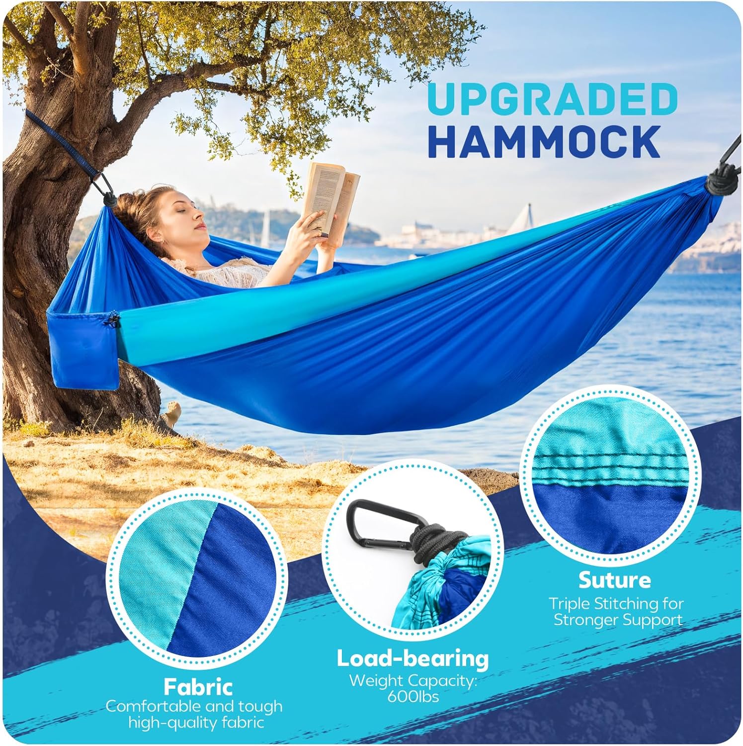 Camping Hammock Lightweight, Portable Hammocks Parachute Hammock with Two Tree Straps, Single or Double Travel Swing Nylon Camp Hammocks, Outdoor Essentials for Beach Backpacking Hiking for Gifts, Blue