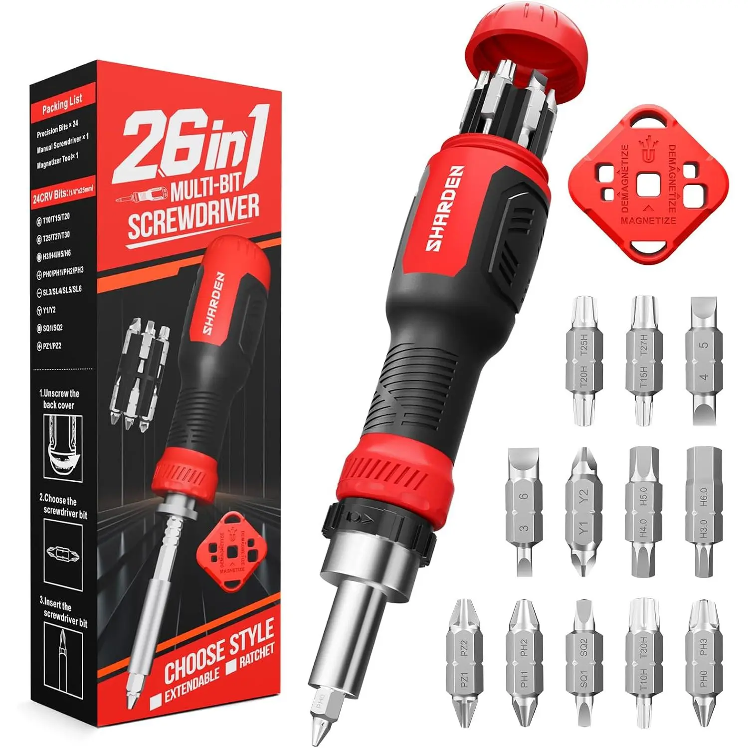 26-in-1 Ratcheting Screwdriver Set, CRV Tool Kit with 12-Ended Slotted/Torx/Hex Bits for Home, Bike Repair