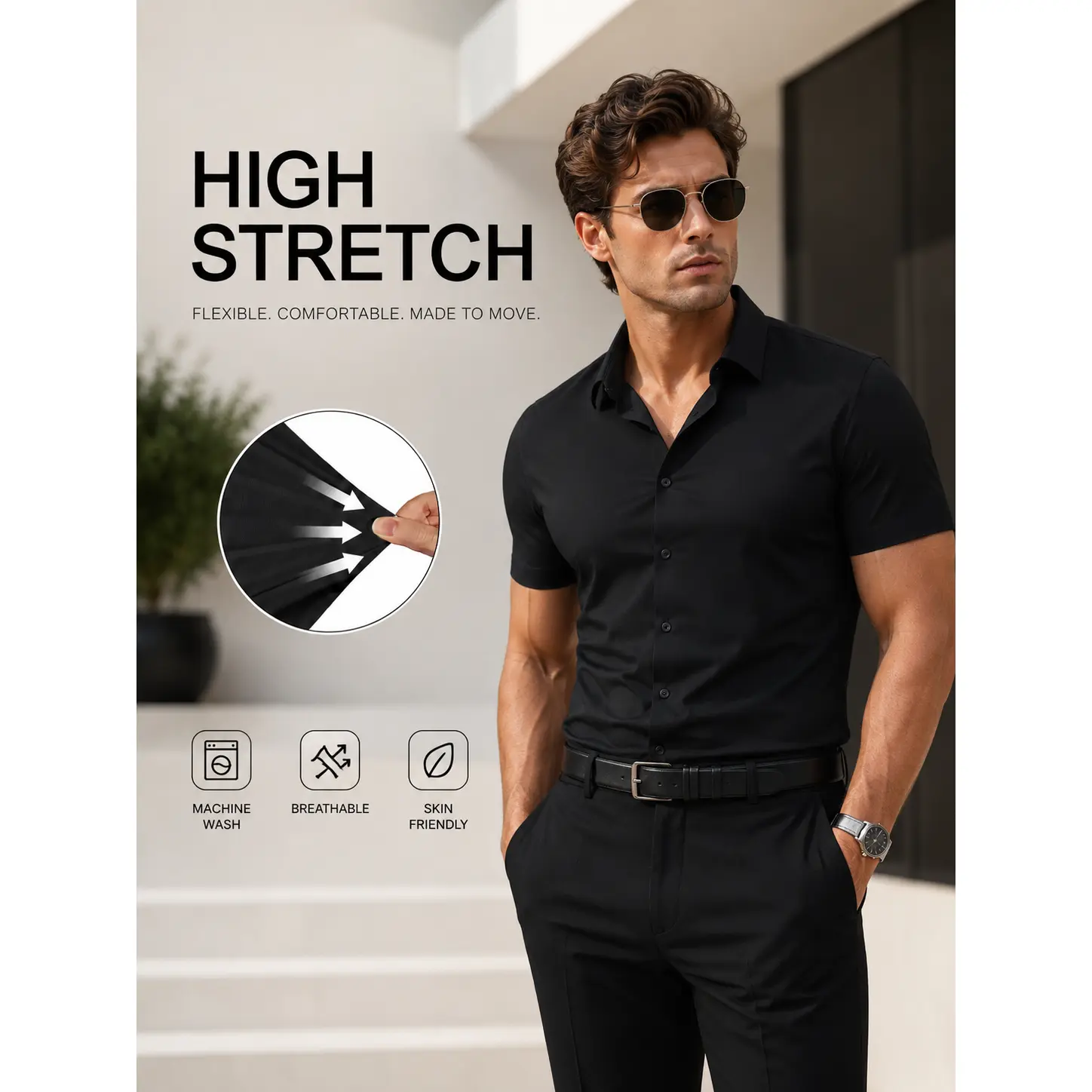 2-Pack Alimens&Gentle Men's Stretch Dress Shirts Short Sleeve Slim Fit Business Casual Button Down Shirts Muscle Fit Men's Dress Shirts Shortsleeve Menswear gifts for dad Top Plain