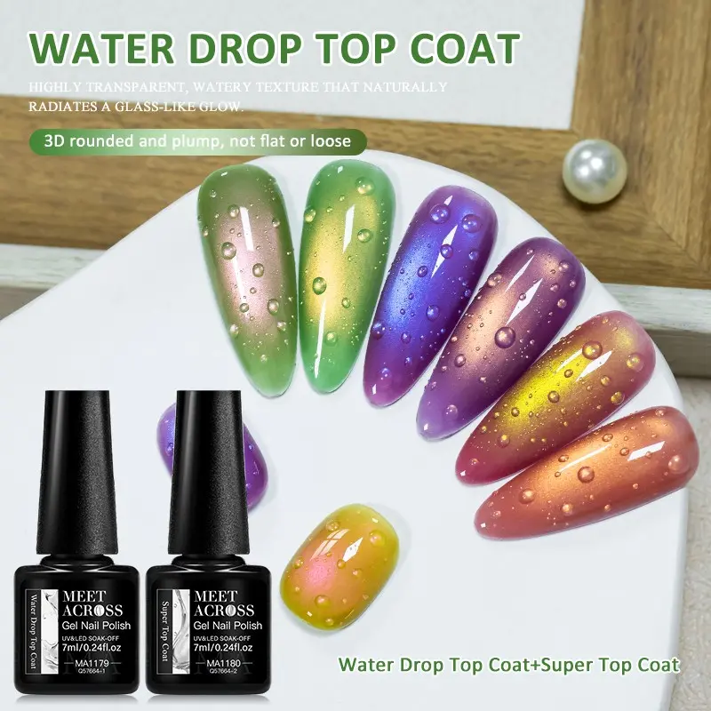 2pcs Gentle Water Drop Top Coat & Super Top Coat Set, 7ml Nail Art Gel Polish for Natural Dewy Water Drop Effect, Shiny Glass Finish, Beginner-Friendly for DIY Manicure