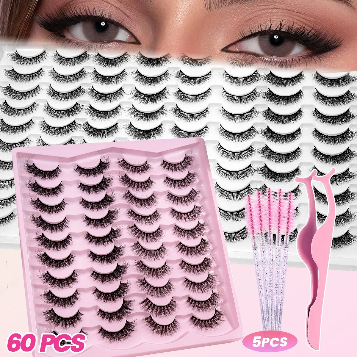 MAANGE 60 Pairs Wispy Strip False Eyelashes Kit with 5 Pcs Lash Brushes & 1 Pink Curved Lash Tweezer, Volume Fake Lashes Set, Soft Band Reusable Eyelashes for Beginners Daily Party Eye Makeup Diy Eyelash Set