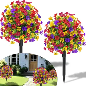 23" Set of 2 Spring Artificial Boxwood Topiary Ball Tree with Spikes,UV Resistant Fake Outdoor shrubs with Violet Flowers, Realistic Faux Plants Bushes for Garden Front Porch Yard Patio (Mixcolors)
