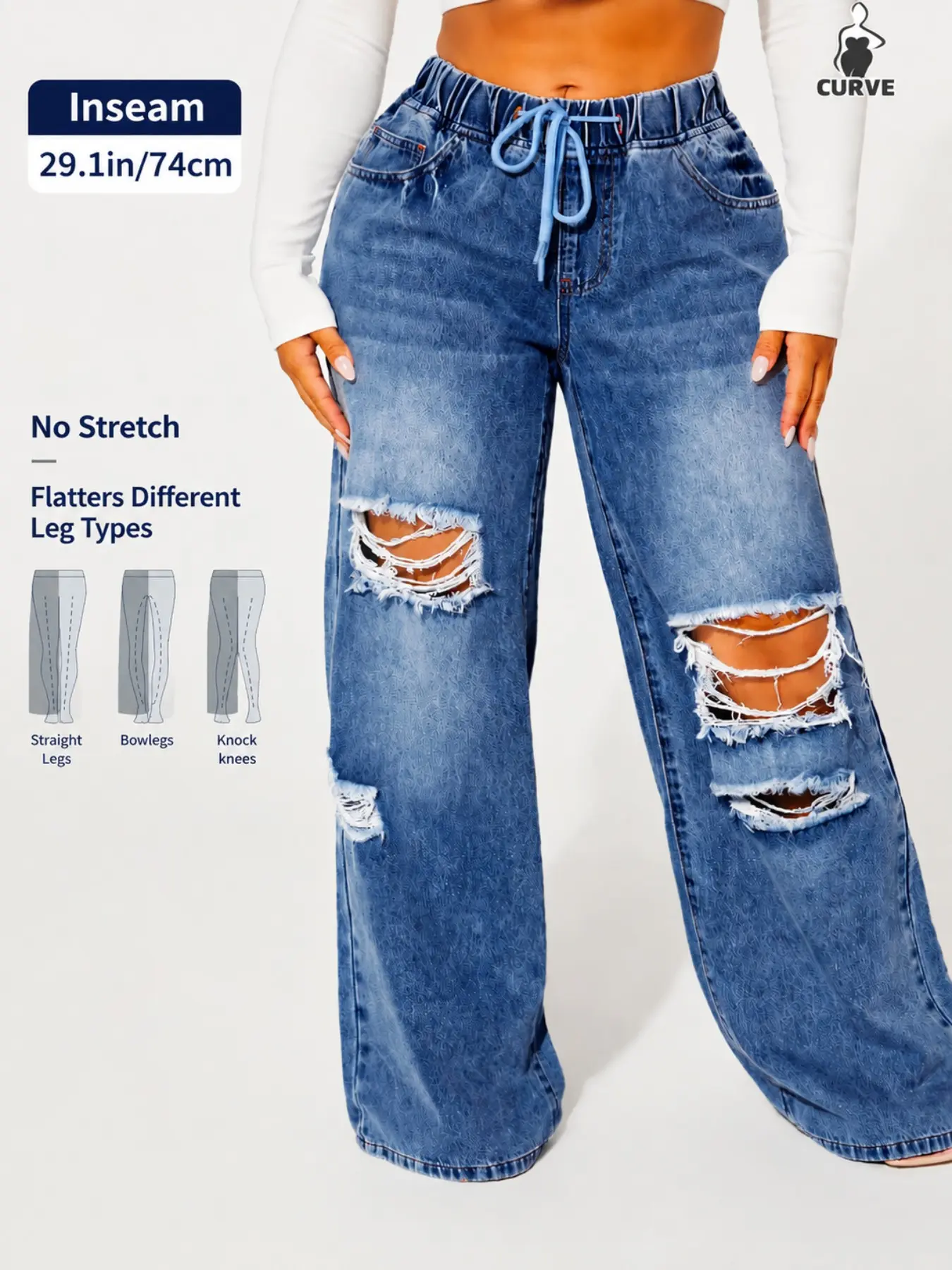 Women's Plus Size Ripped Denim Jeans, High-Waist Elastic Waist Drawstring, Loose Baggy Oversized Long Denim Pants, Casual Y2K Streetwear, All Seasons Wear