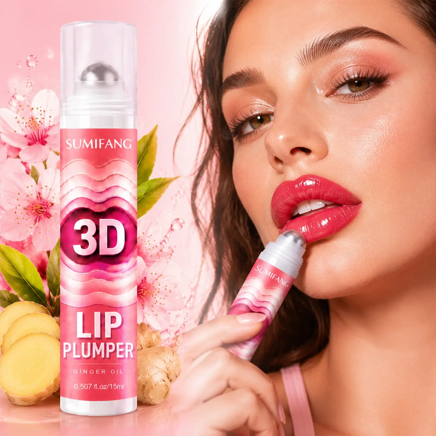SUMIFANG Ginger Lip Plumping Essence (15ml) – Plumps the appearance of lips, hydrates and smooths; formulated with ginger oil, hyaluronic acid, and collagen; provides a high-shine, glossy finish; features a cooling rollerball applicator.