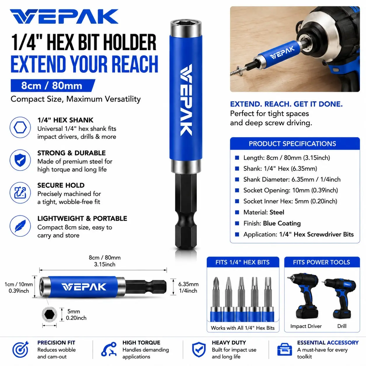 Vepak Brand Vp1bt80-S Socket Adapter, 1/4 Inch Hex Quick Change Extension Rod, Impact Bit Adapter for Electric Tools, DIY, Woodworking, Auto Repair