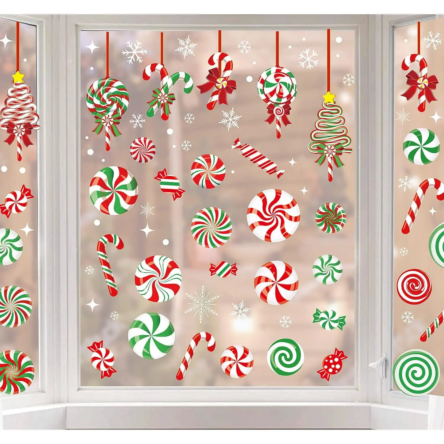 9 Sheet Christmas Window Clings - Candy Cane  Peppermint  - Double-Sided Merry Christmas Decor for , School, Office, Candyland Party Supplies
