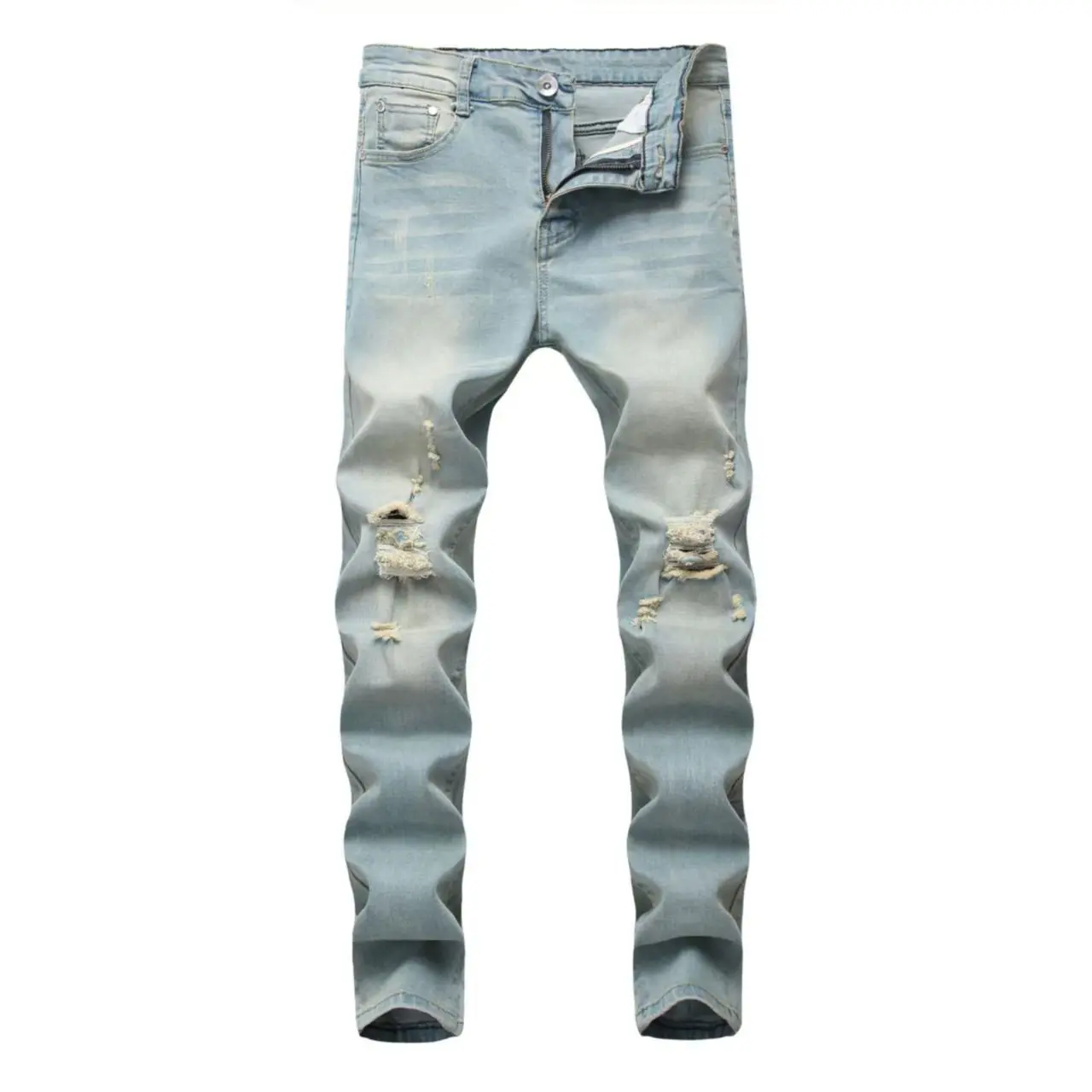 Boys' Light Blue Retro Straight-leg Ripped Jeans Children Washed Distressed Stretch Denim Trousers Big Kids Casual Pants 5-16y