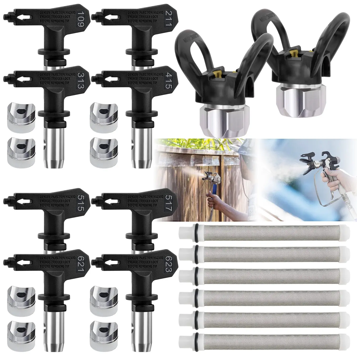 16 Pieces Airless Paint Sprayer Tips Set, 8 Reversible Nozzles, 6 Filters, 2 Guards, Essential Parts for Airless Spraying Machine