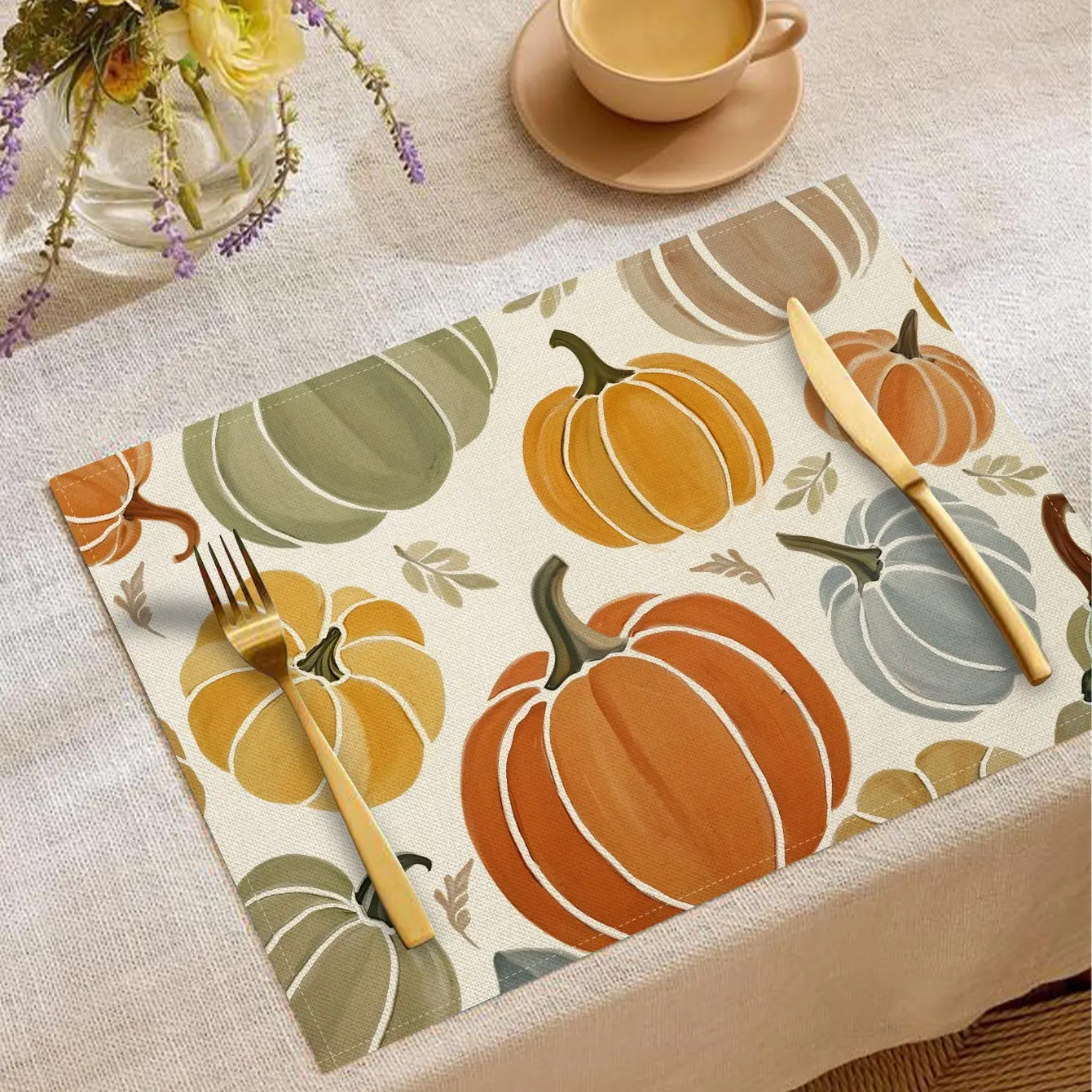 Autumn Thanksgiving Harvest Pumpkin Maple Leaf Table Placemats, Heat Resistant, Minimalist Style, Ideal for Festive Dinners and Daily Use