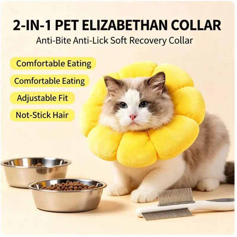 Sunflower Soft Cat Recovery Collar, Adjustable Anti‑Bite Anti‑Lick Elizabethan Cone Collar, Comfortable Plush E‑Collar for Kitten Small Cats After Surgery