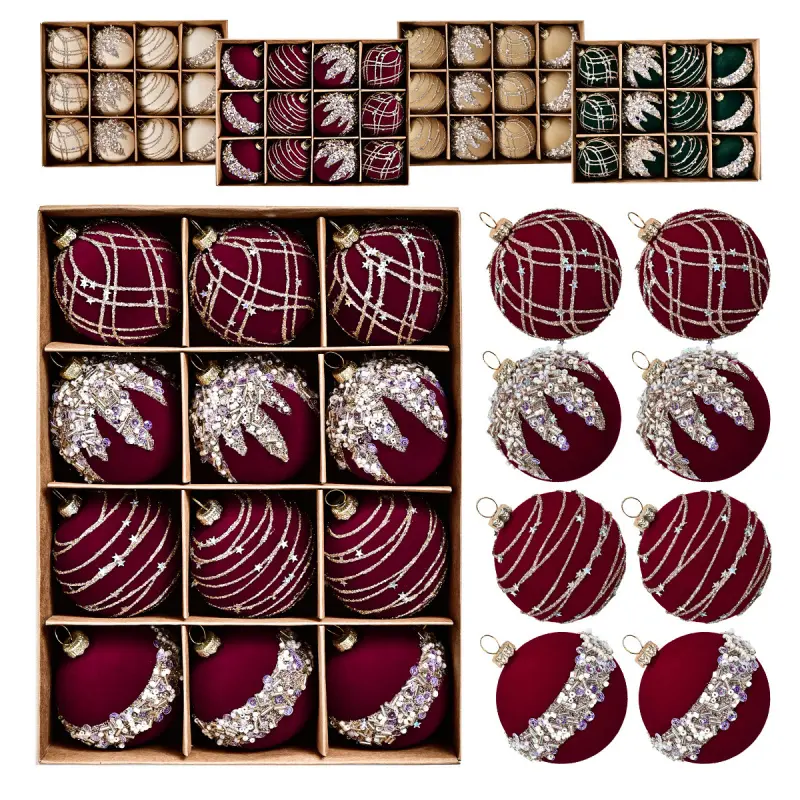 New cross-border product: Christmas ball with premium texture, 6cm flocked Christmas ball, painted and decorated with rhinestones,, Christmas tree ornament