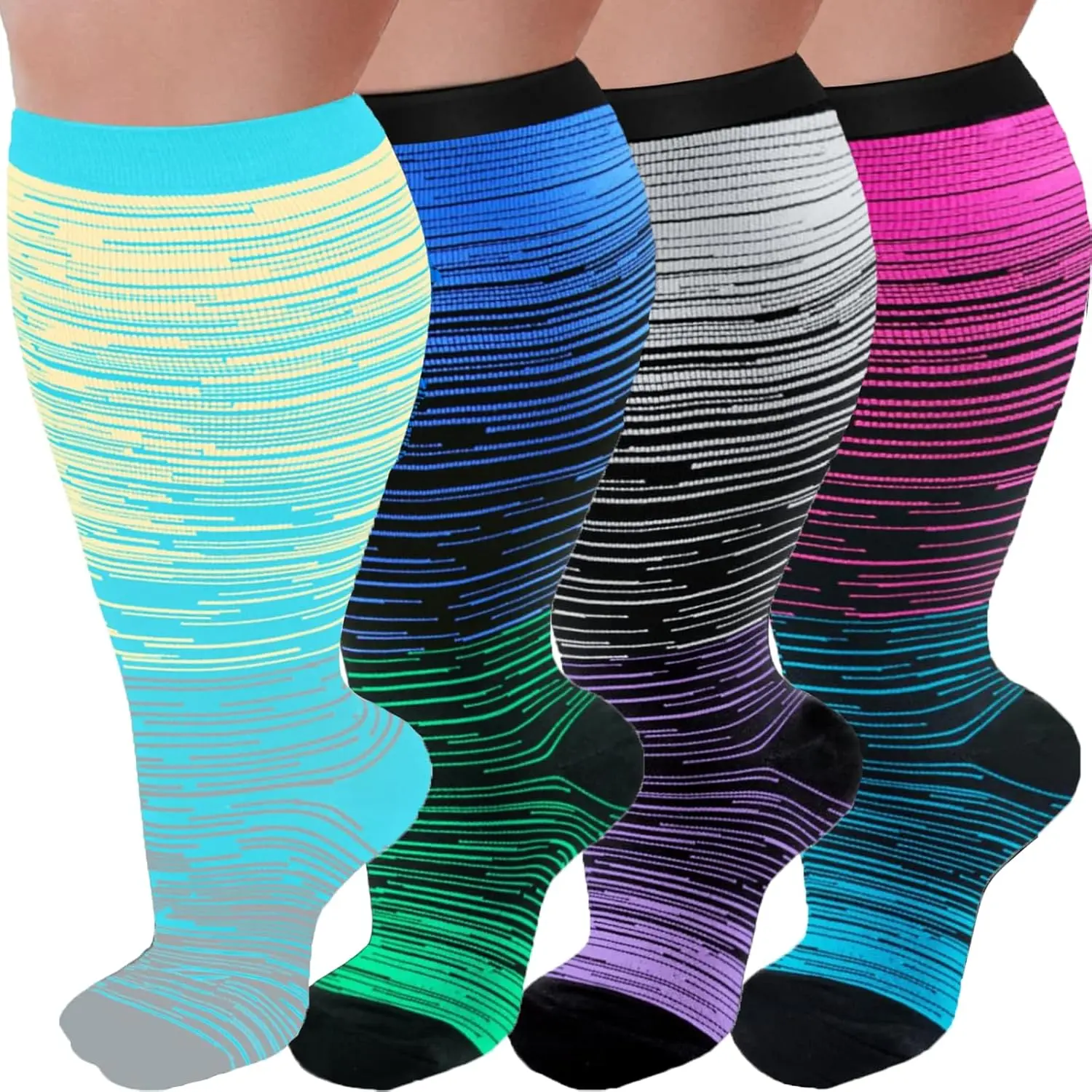 Plus Size Compression Stockings for Adults (4 Pairs, 20-30 mmHg, Wide Calf) - Male-Friendly, Support Circulation, for Running