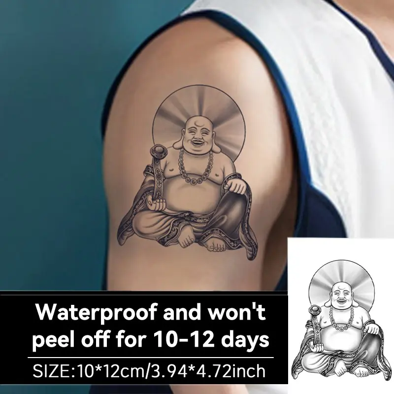 Maitreya Laughing Buddha Temporary Tattoo Patch, Long-Lasting 1-2 Weeks, Unisex Fake Piercing, Suitable for Arms, Shoulders, Legs