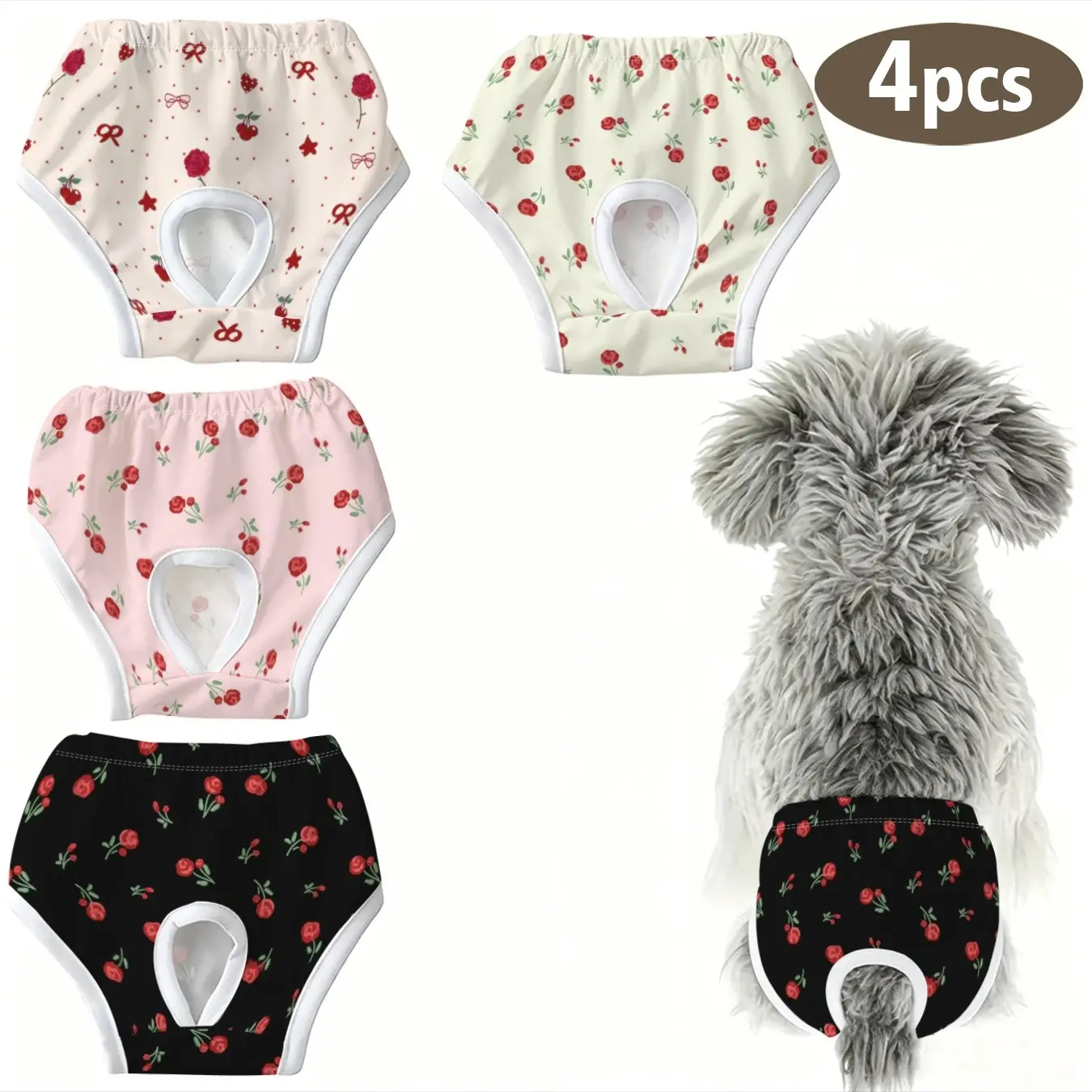 4-Pack Cute Pet Dog Cat Panties, Hand-Drawn Rose Print, Anti-Peek Underwear for Small Dogs and Cats, Ideal for Holidays, Home, Travel