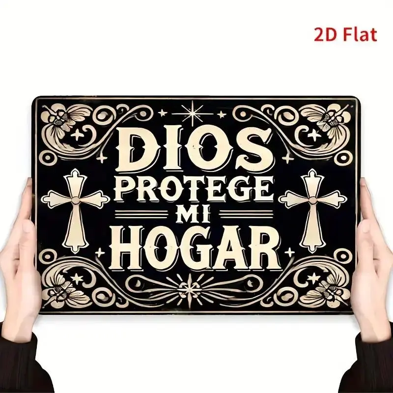 2D Flat, Vintage-Style 2D Flat Rectangular Iron Wall Art Sign - "DIOS PROTEGE MI HOGAR" Religious Spanish Decor, 8x12 Inch, Perfect for Living Room, Bedroom, Corridor, Porch, Garage, or Garden, Garden Wall Art |   Vintage Wall Decor |   Iron Wall Art, Wal