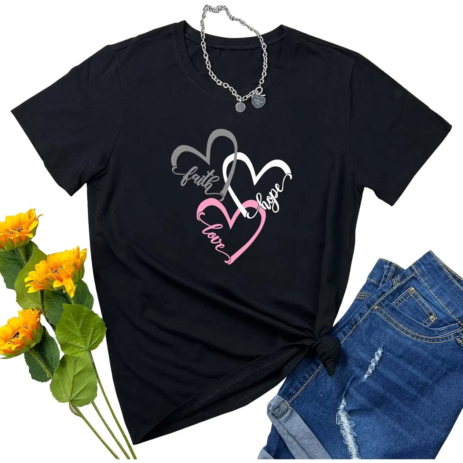 Women's Faith Hope Love 3-Hearts Graphic Tee - Inspirational Christian Top