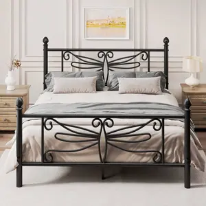 Twin/Full/Queen Elegant Metal Platform Bed With Dragonfly Headboard And Footboard, Sturdy And Stable Structure & Under-Bed Storage, Easy Assembly, Black/White