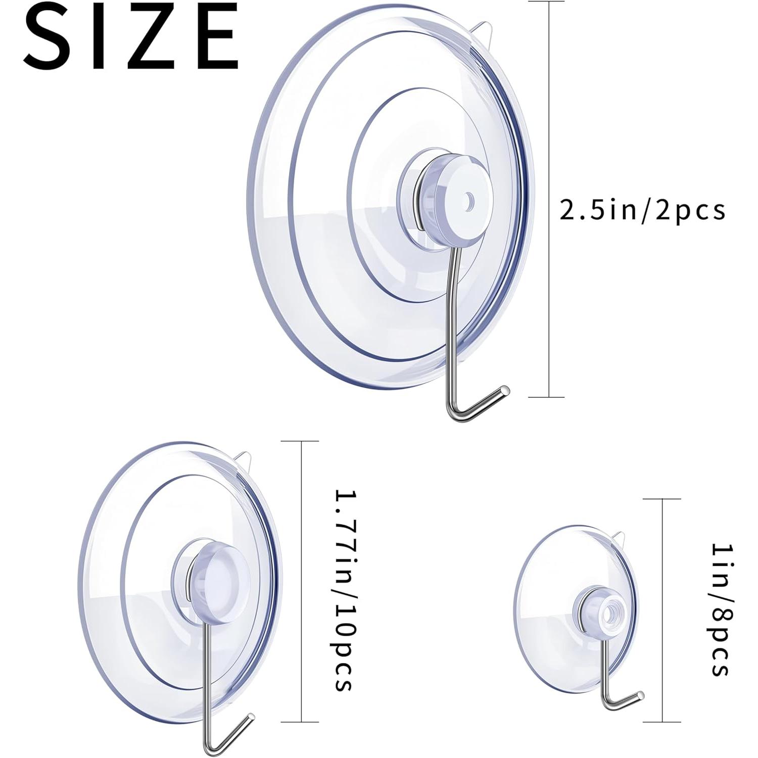 20 count Suction Cup Hooks, 2.5Inch, 1.77Inch, 1Inch Suction Cups with Metal Hooks Removable, Suitable for Glass, Windows, Bathrooms, Kitchens, Tiles, Shower Cubicles