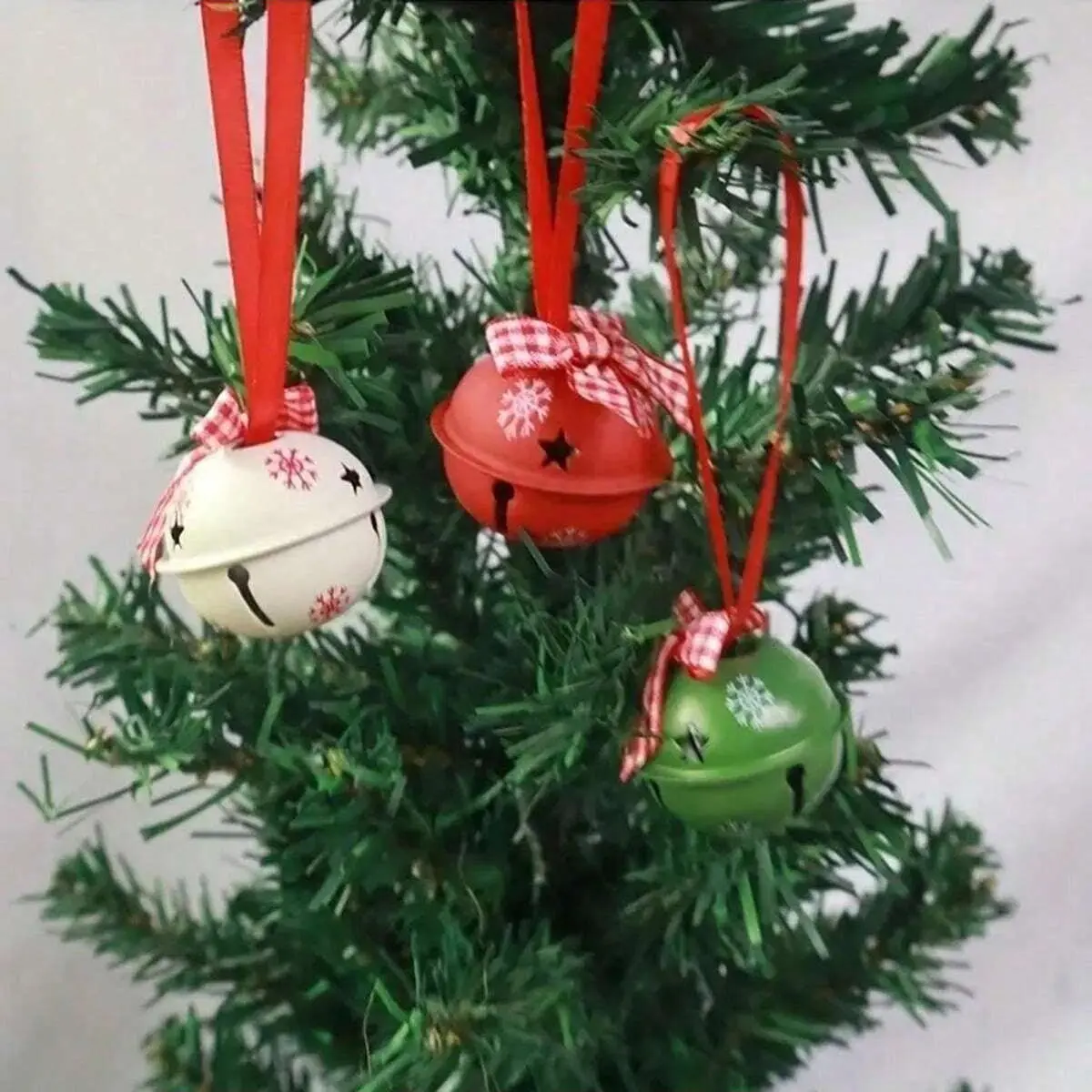 12pcs Classic Metal Christmas Bell Decorations, Round Jingle Bells with Stars, Ribbon Bows, No Electricity, Home Garden Festive Tree Hangings
