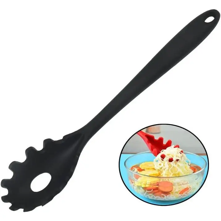 Spaghetti Spoon Pasta Fork, Pasta Fork,11.2 inch Spaghetti Strainer Kitchen High Heat Resistant Noodle Spoon Server, Grade Pasta Spoon with Stainless Steel Handle, (Black)