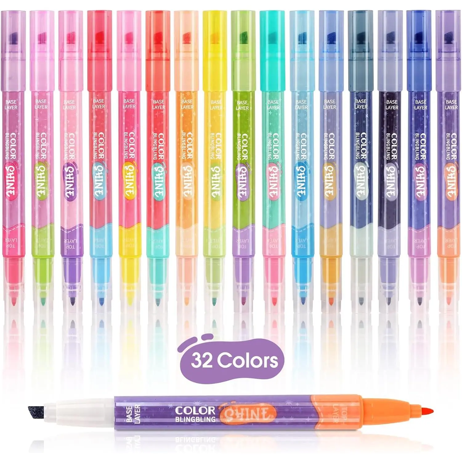 Glitter Pastel Markers, Tip Magic Marker,Broad and Fine Tips Highlighters,Color Layering 16 count 32Colors Color Changing markers,School Office Stationery