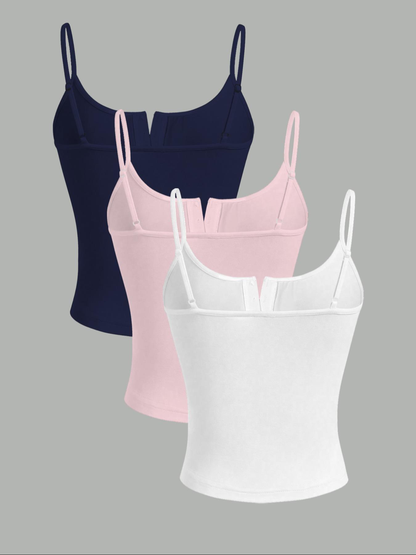 3pcs women's casual fashion sports multi button round neck solid color suspender top mixed three piece set