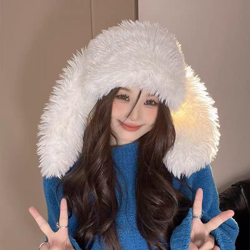 Unisex Cute Fluffy Rabbit Ear Beanie Hat - Casual Soft Plush Warm Cap, White Fashion Accessory for Daily Wear, Funny Bunny Design Headwear