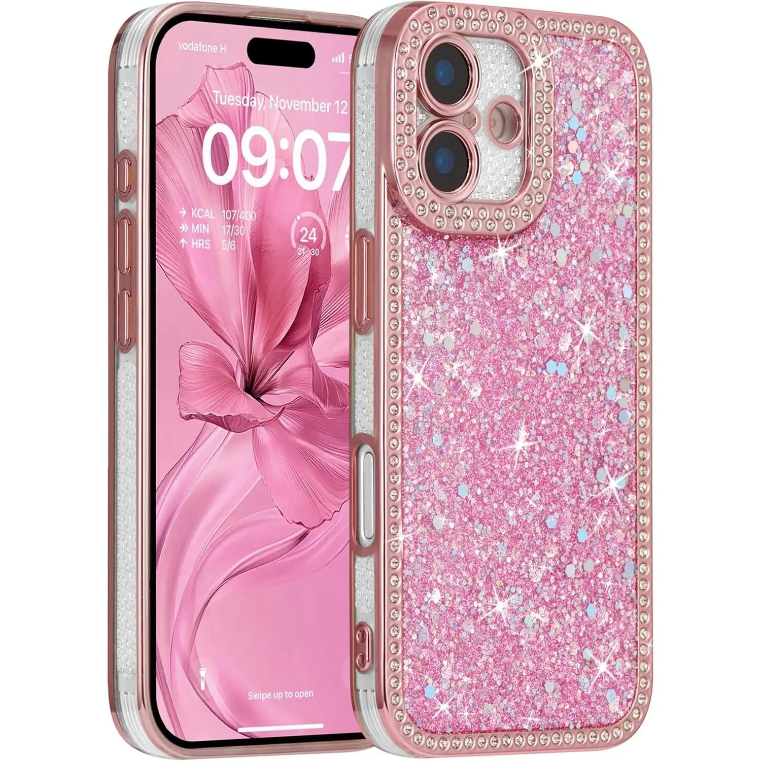 FABSPARK Cute Aesthetic Case for iPhone 16 Plus - Glitter Crystal Rhinestone Sequin Luxury Electroplated Cover with Photorealism, Hyperrealism, Expressionism, Ethnic Elements, Full Protection, Pink