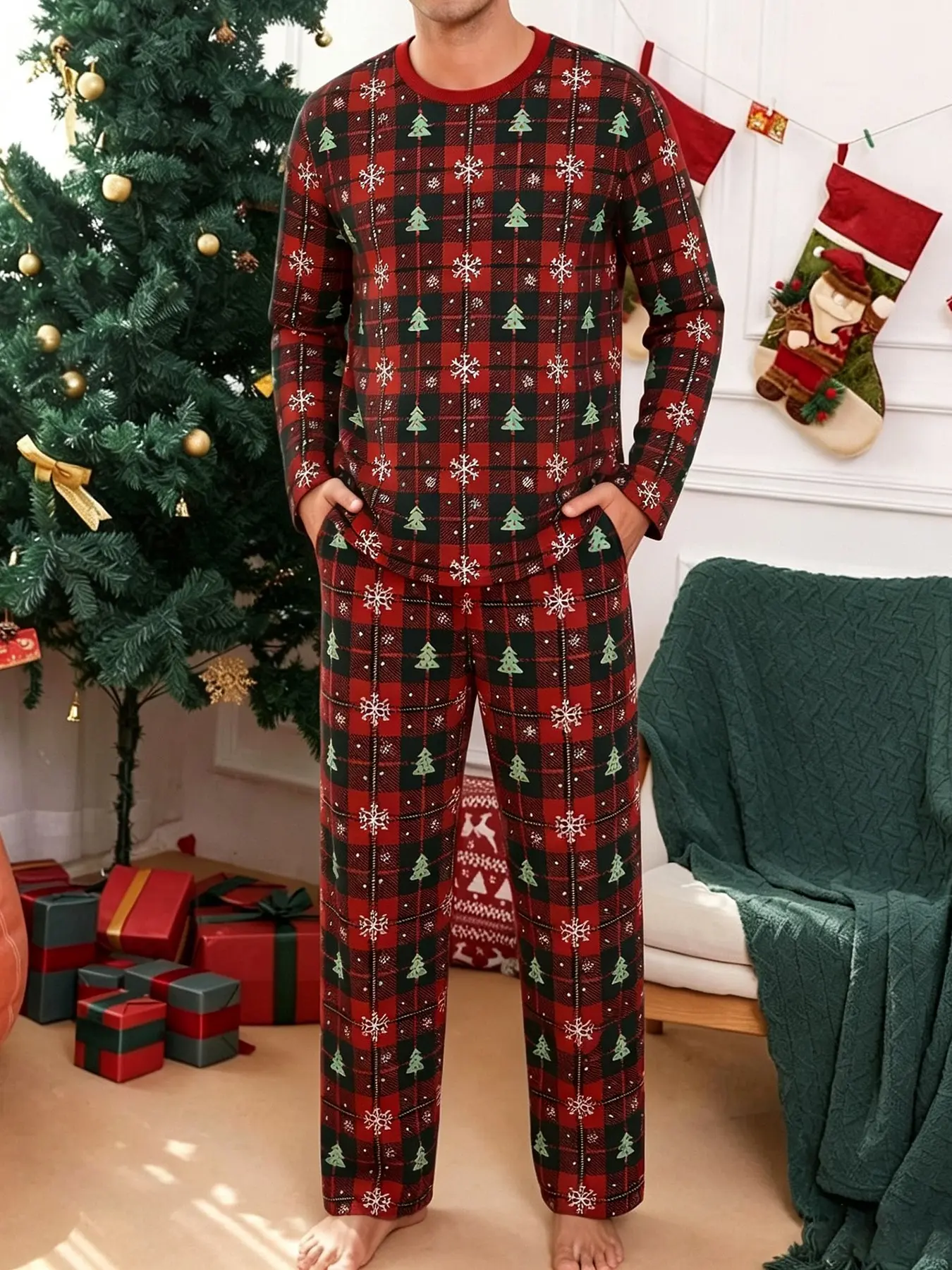 Men's Christmas Holiday 2‑Piece Pajama Loungewear Set, Festive Red Black Buffalo Plaid All‑Over Print Long Sleeve Crew Neck Top & Elastic Waist Straight‑Leg Long Sleep Pants, Vivid Christmas Tree Snowflake Graphic Sleepwear Outfit for Christmas Eve, Famil