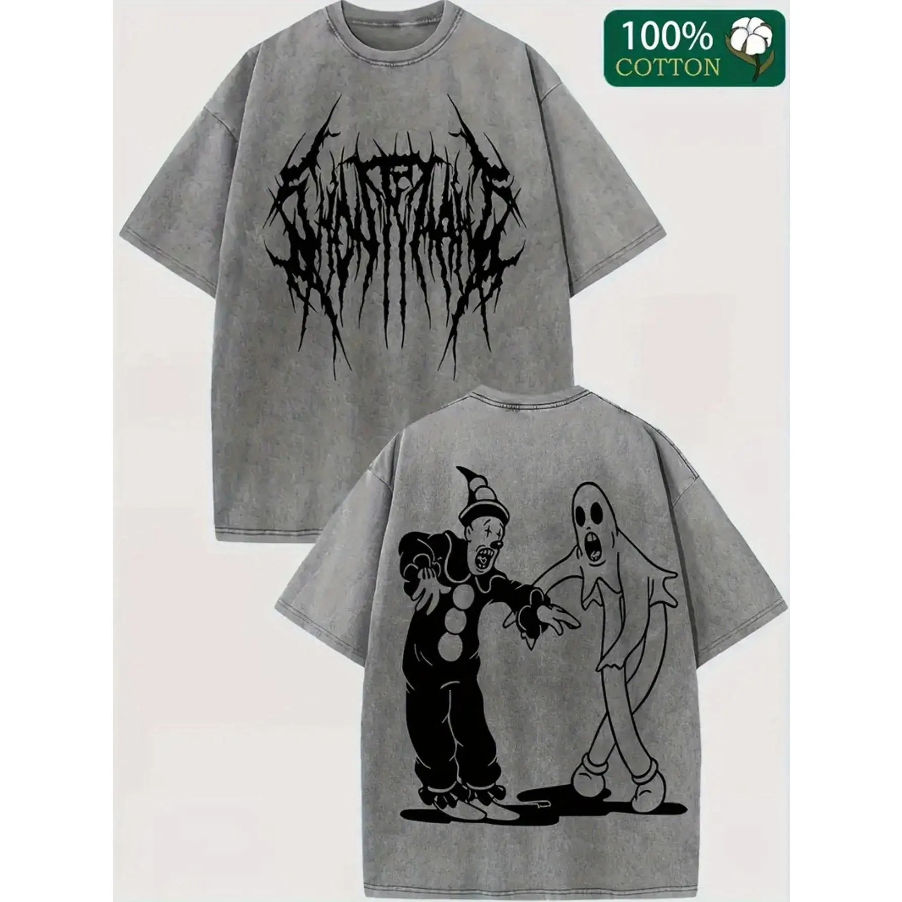 Gothic Deathcore Font Graphic Tee Vintage Washed Cotton Tshirt Retro Cartoon Scary Clown Ghost Heavy Metal Dark Aesthetic Oversized T Shirt Women Short Sleeve Crewneck Top Y2K Gift Men Loose Casual Top Streetwear