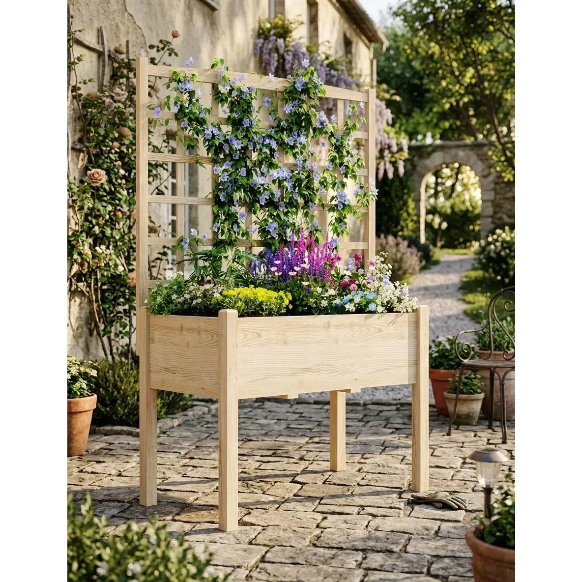 IdealHouse 65-Inch Tall High-Grade Wooden Rectangular Raised Bed Garden - Leg-Supported Planter Box with Trellis Support & Inner Liner, Freestanding for Backyards & Climbing Plants, Rustic Design