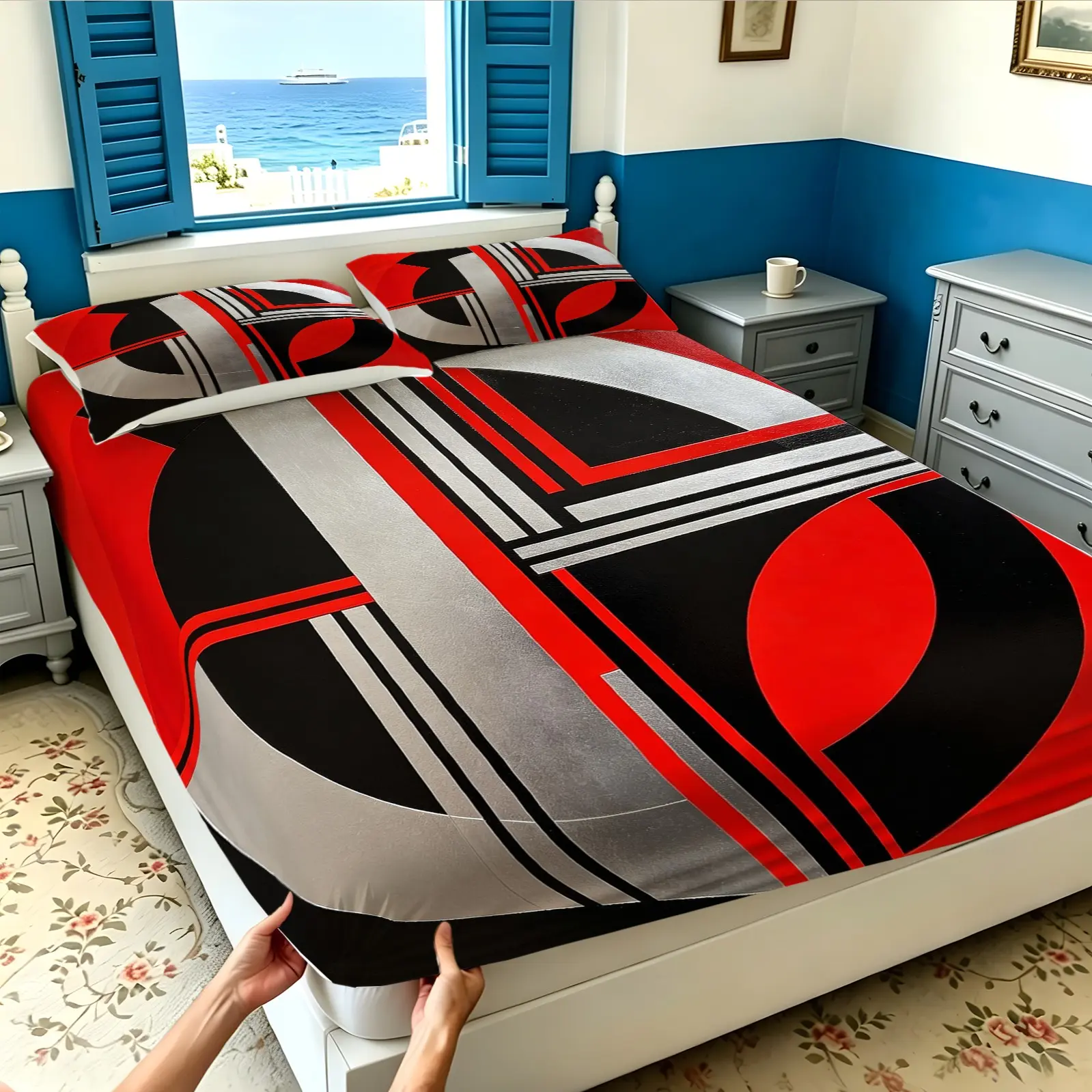 3PCS Industrial Red Black Geometric Metallic Fitted Sheet Set, Deep Pocket Wrinkle Resistant Soft Bedding, Modern Art Deco Bedroom Decor, Multi Colors Available, Cool Home Gift