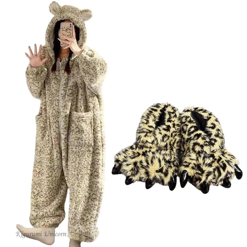 Women's Leopard Hooded Flannel Pajama Set - Long Sleeve Animal Kigurumi Unicorn Onesies, Winter Loungewear with Pockets, Overall Sleepwear Set Including Slippers