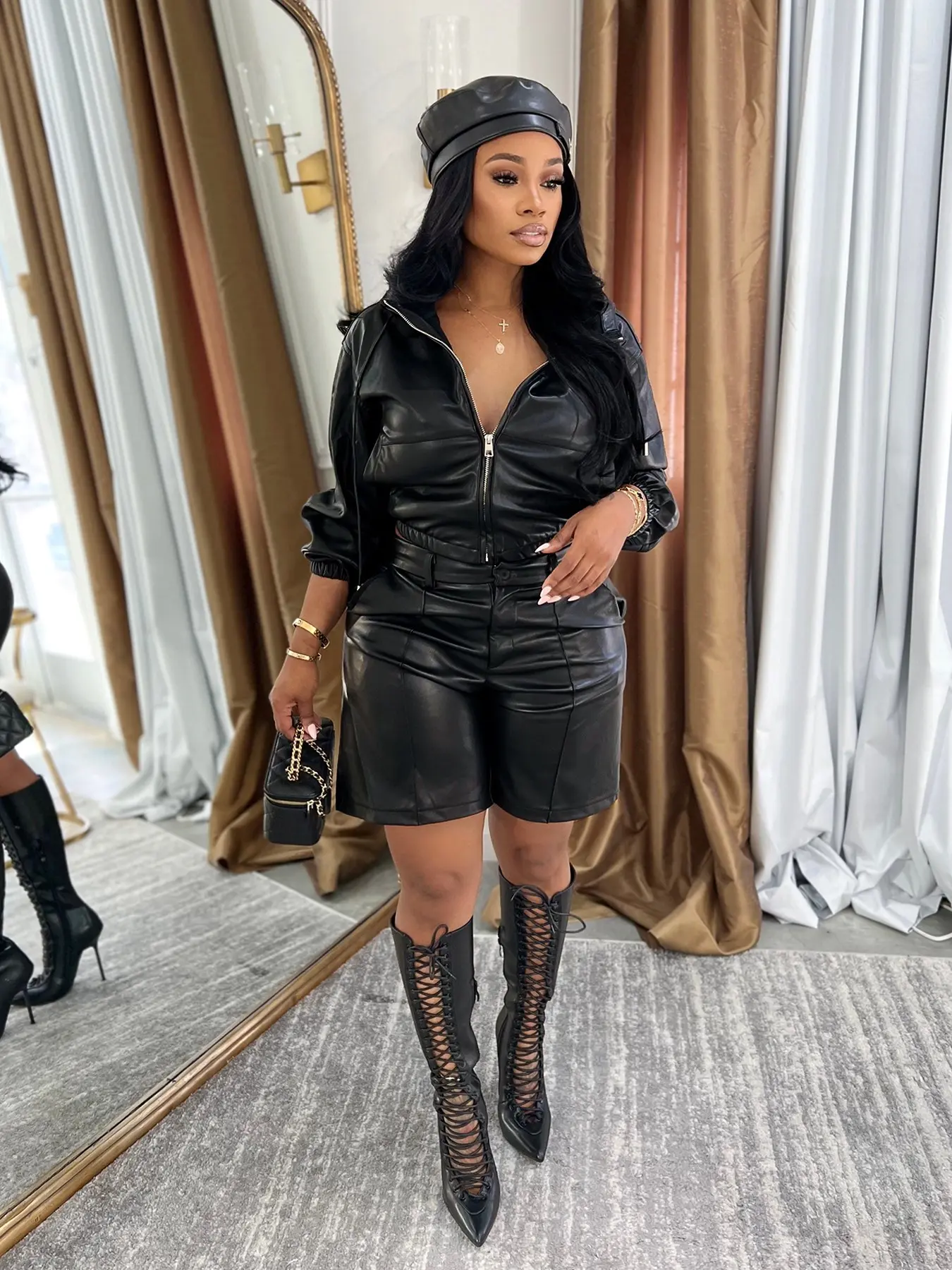 Women's Sexy Leather Jacket Shorts Set, Fashionable Long Sleeve Half Pants, High Waist Fitted Casual Wear for Fall & Winter