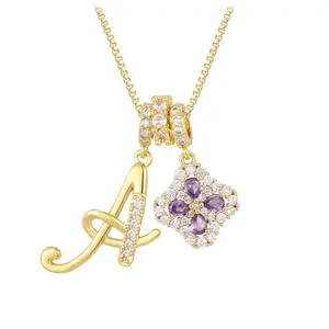 Cute Dopamine A-Z Alphabet Pendant Necklace Shiny Purple Enamel 18K Gold Plated Stainless Steel Ladies Gift Jewelry