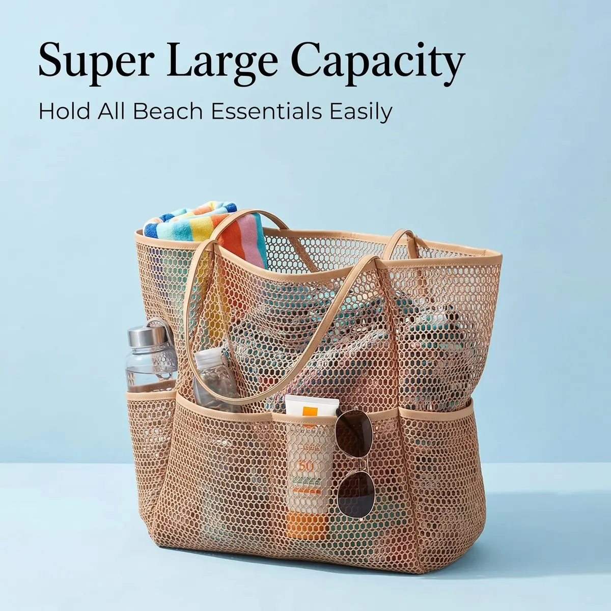 Summer Swimming Mesh Beach Bag for Women, Large Capacity Net Pouch, Kids Swimwear Gear, Polyester Foldable Woven Bag