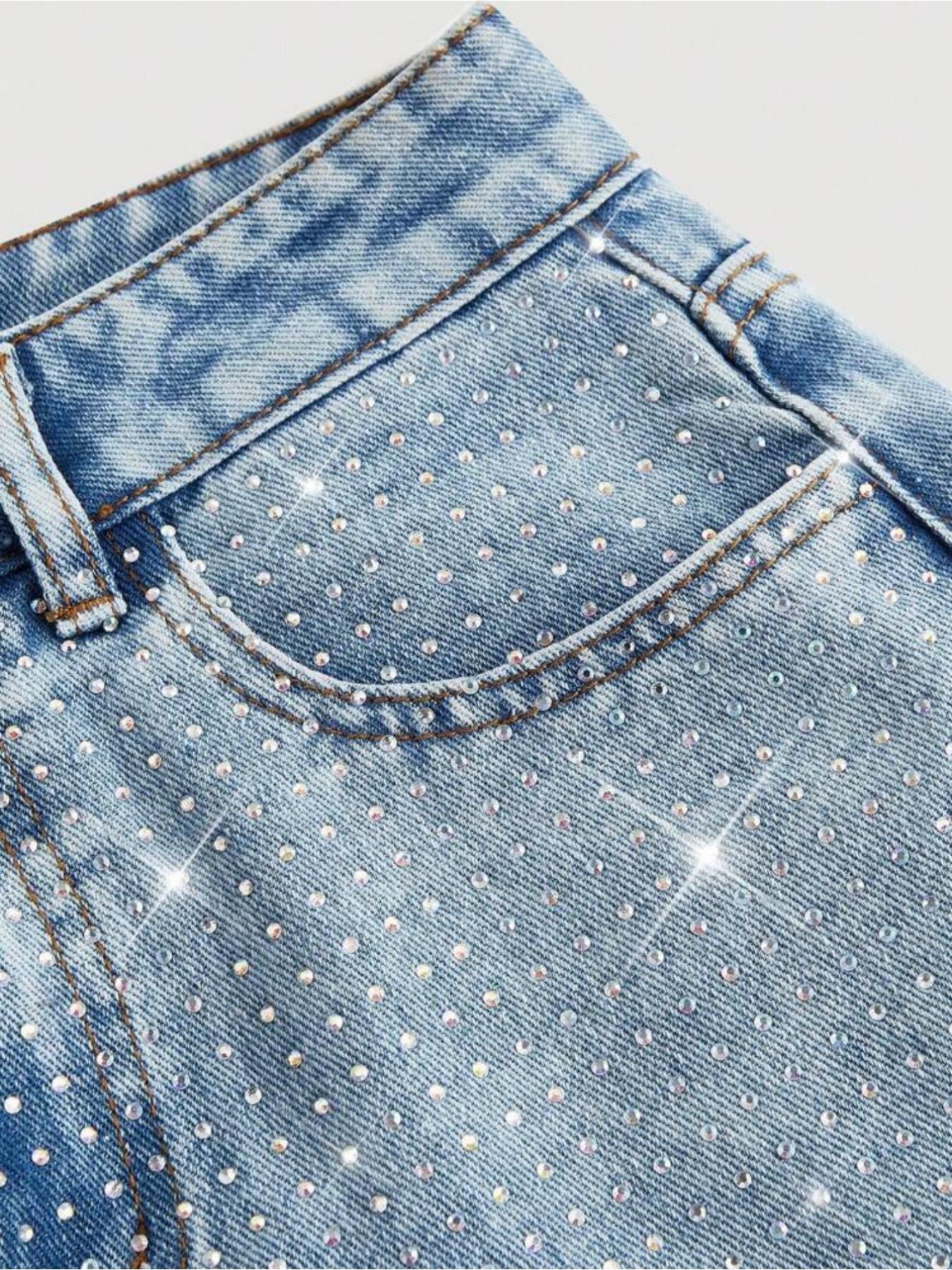 Women's Elegant High-Waisted Wide-Leg Denim Jeans, with Rhinestone Embellished, All-Season Fitted Woven Fabric Fashion Pants, Style
