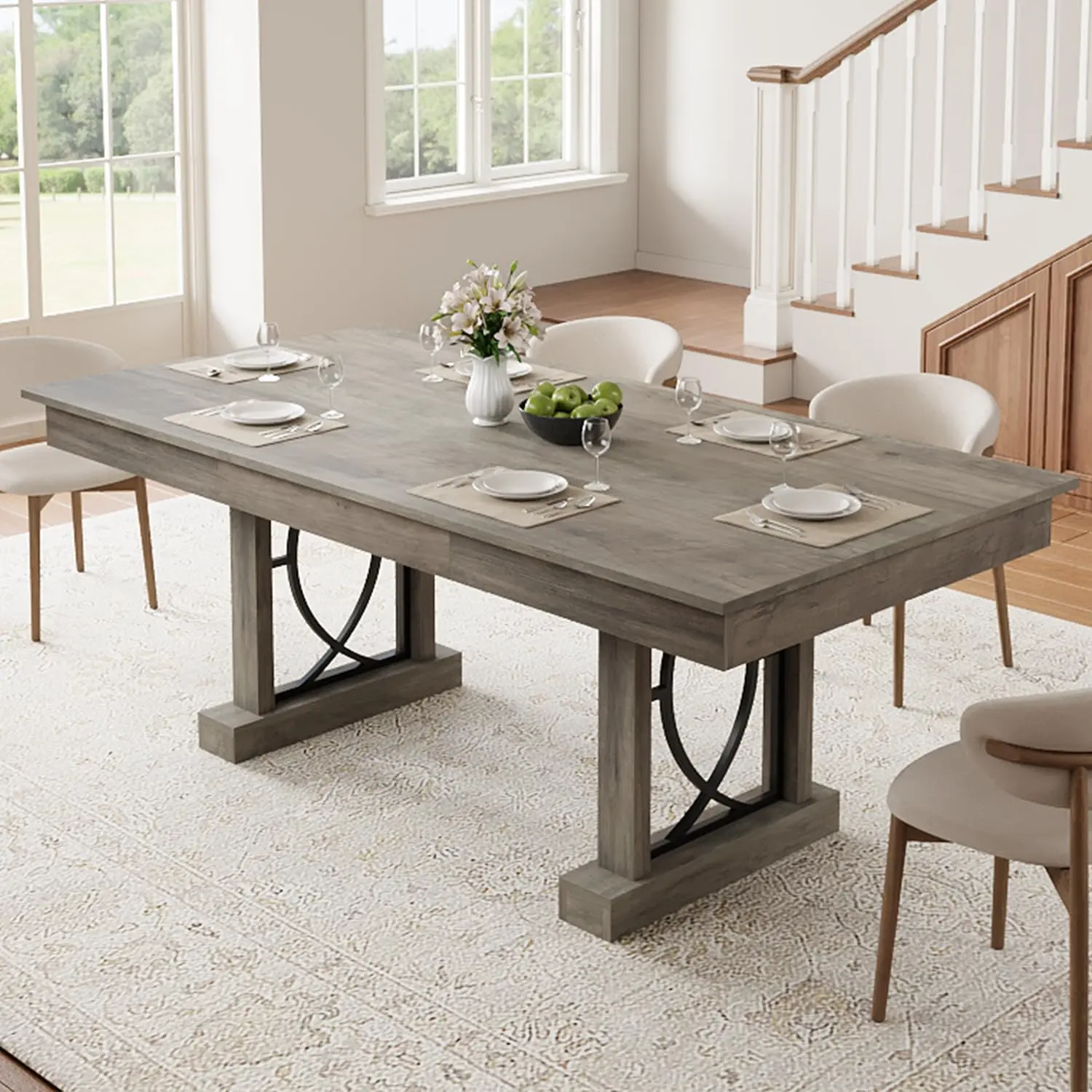 Garvee 71-Inch Wooden Kitchen Table with Two Drawers, Large Rectangular Dining Table for 6-8, Featuring a Spacious Tabletop and Sturdy Double Pedestal Frame, Ideal for Kitchen and Dining Areas