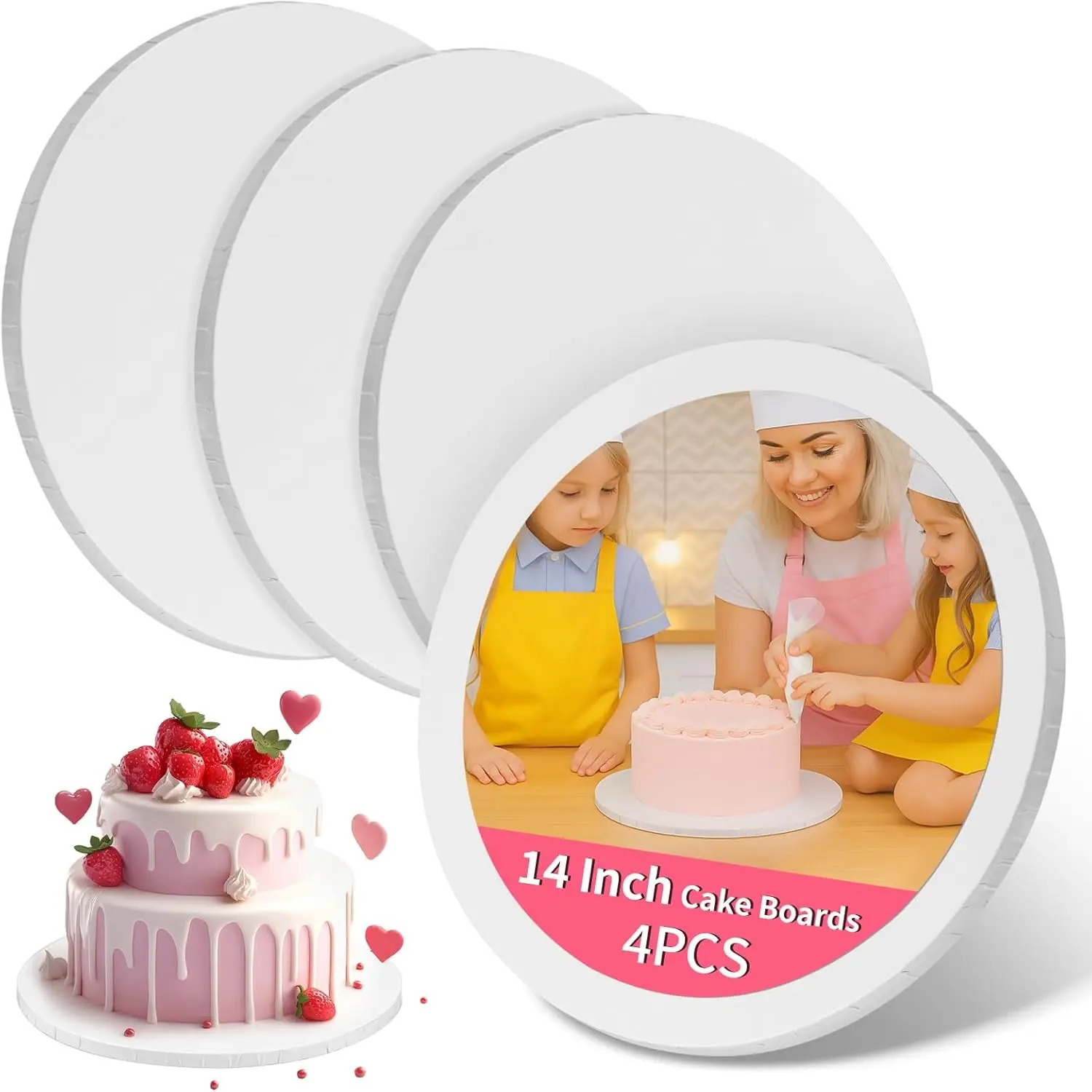 Cake Boards 14 Inch Round – 4 Pack 1/2 Inch Thick Cake Drums with Full Wrapped Edges, Corrugated Cake Base Board for Wedding, Party, Baking & Multi-Layer Cakes (White)
