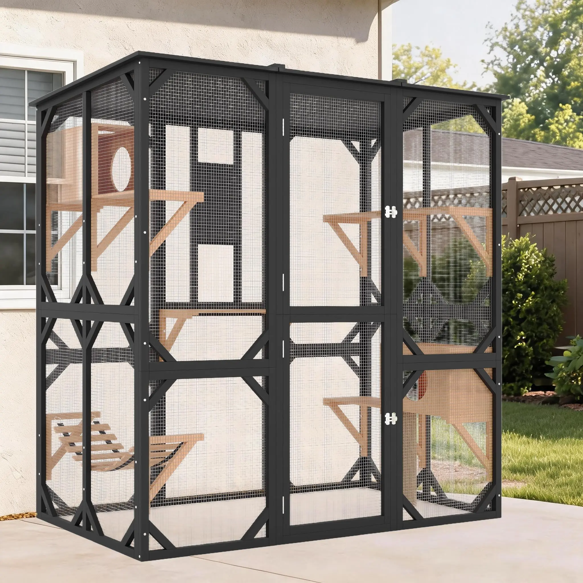 and  70-inch Outdoor Cat Enclosure with Window Access, Waterproof Roof, Bridge, and Scratching Post - Spacious Grey Catio for Safe Outdoor Cat Enjoyment