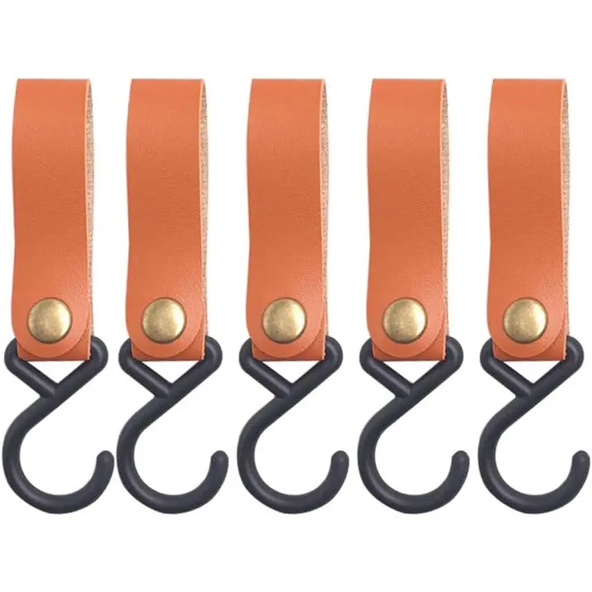 Leather Straps with Hooks 5 count Leather Hooks S Shelf Hooks Camping Hook for Kitchen, Bathroom, Bedroom, Office, and Outdoor Use - Stylish and Durable Storage Solution (orange brown)